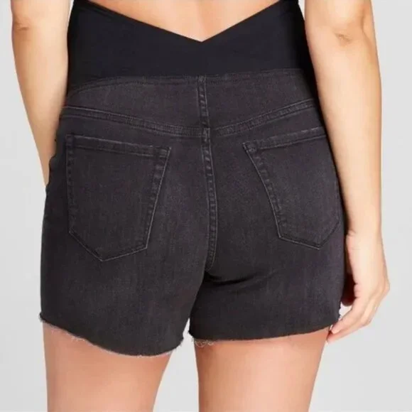 Isabel Maternity Women's 12 Black Crossover Panel Bermuda Jean Shorts Over Belly - Picture 6 of 14